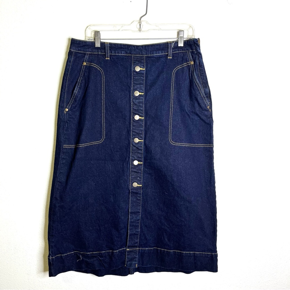 Denim Button-Front Midi Skirt - Dark Blue